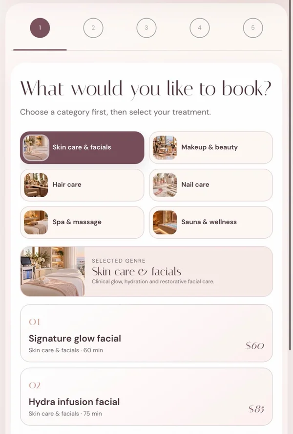 Salon booking demo showing service categories and treatment selection